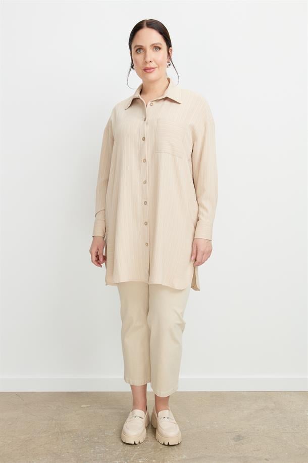 Büyük Beden Dokulu Tunik Gömlek-BEJ