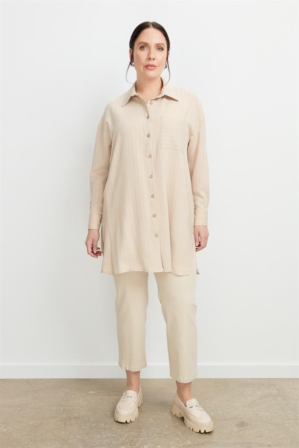 Büyük Beden Dokulu Tunik Gömlek-BEJ