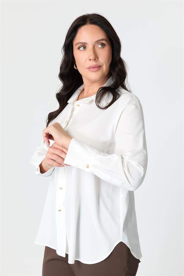 Büyük Beden Düğme Detay Gömlek-KEMIK