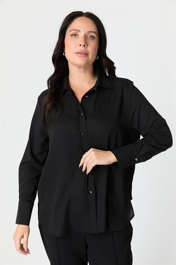 Büyük Beden Düğme Detay Gömlek-SİYAH