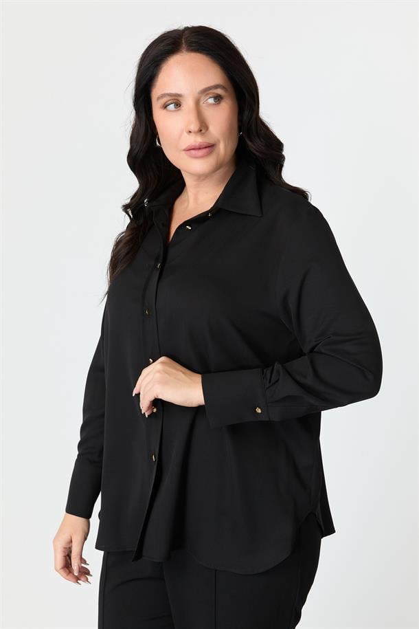 Büyük Beden Düğme Detay Gömlek-SİYAH