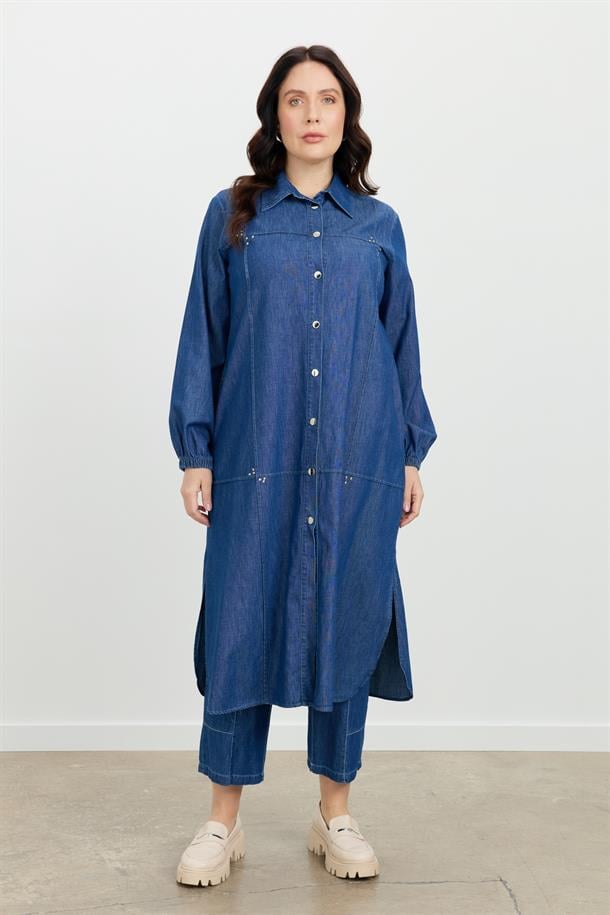 Büyük Beden Düğme Detay Kot Giy-Çık-LACI