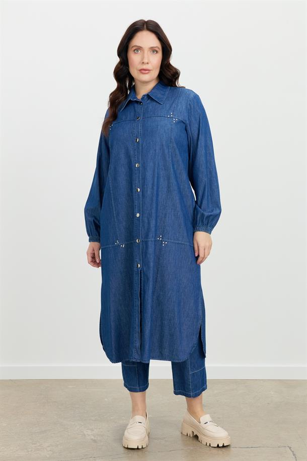 Büyük Beden Düğme Detay Kot Giy-Çık-LACI