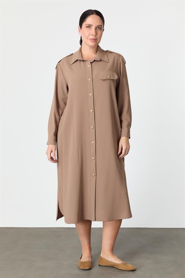 Büyük Beden Düğme Detay Krep Elbise-