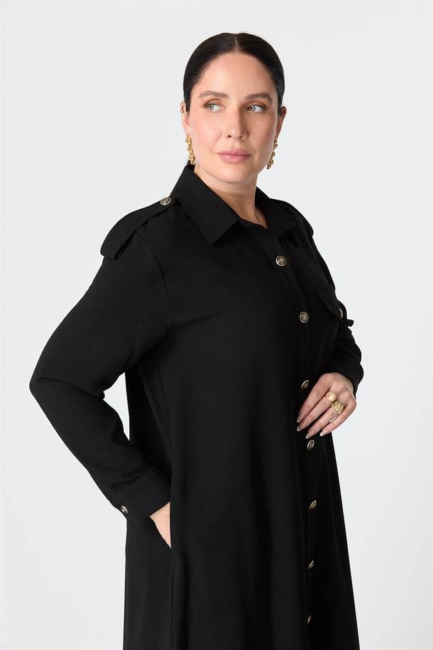 Büyük Beden Düğme Detay Krep Elbise-SİYAH