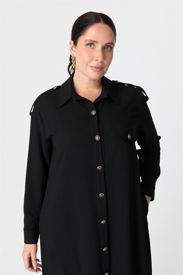 Büyük Beden Düğme Detay Krep Elbise-SİYAH