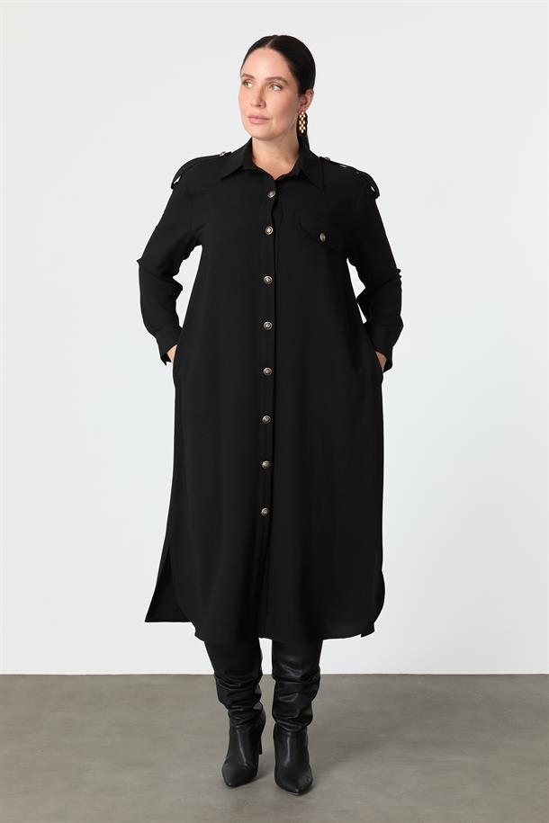 Büyük Beden Düğme Detay Krep Elbise-SİYAH