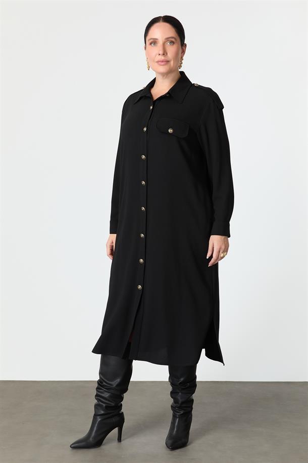 Büyük Beden Düğme Detay Krep Elbise-SİYAH