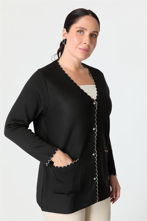 Büyük Beden Düğme Detay Triko Hırka-SİYAH