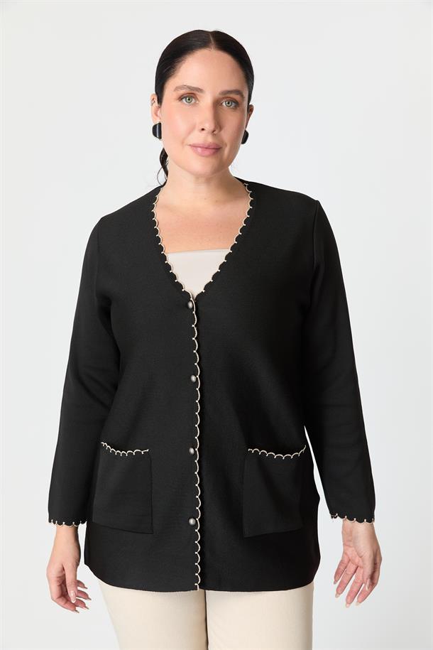 Büyük Beden Düğme Detay Triko Hırka-SİYAH