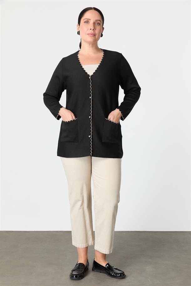 Büyük Beden Düğme Detay Triko Hırka-SİYAH