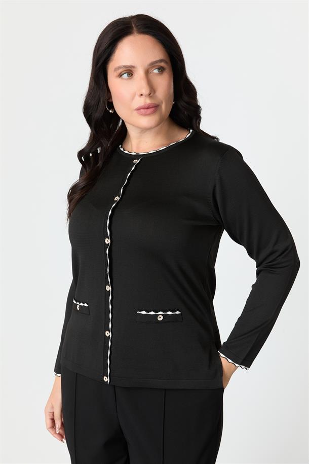 Büyük beden Düğme Detaylı Triko Kazak-SİYAH
