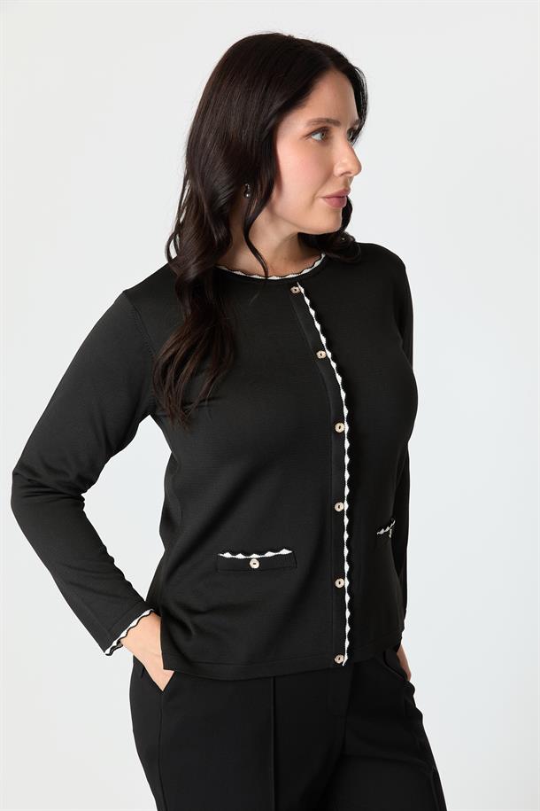 Büyük beden Düğme Detaylı Triko Kazak-SİYAH