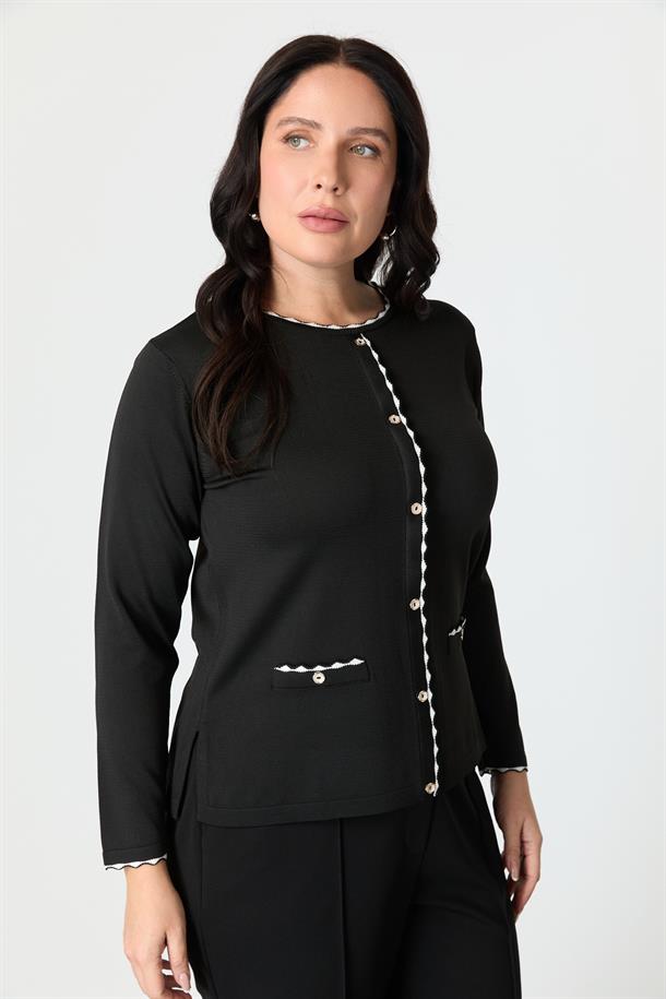 Büyük beden Düğme Detaylı Triko Kazak-SİYAH