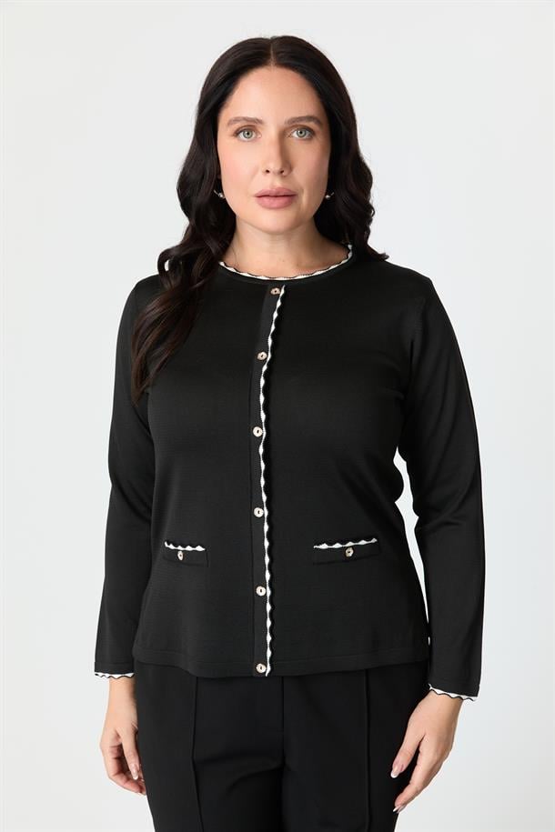 Büyük beden Düğme Detaylı Triko Kazak-SİYAH