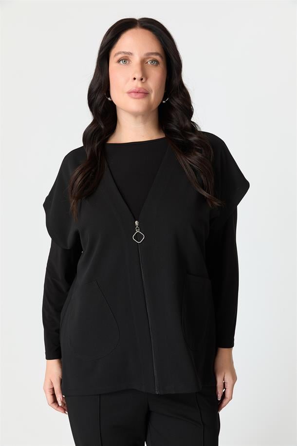 Büyük Beden Fermuar Detaylı Krep Yelek-SİYAH