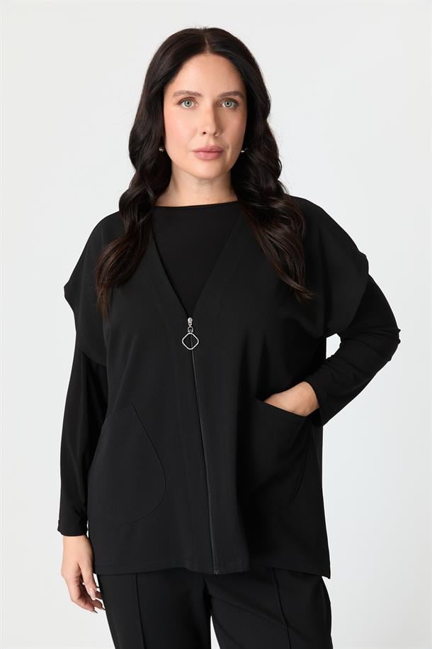 Büyük Beden Fermuar Detaylı Krep Yelek-SİYAH