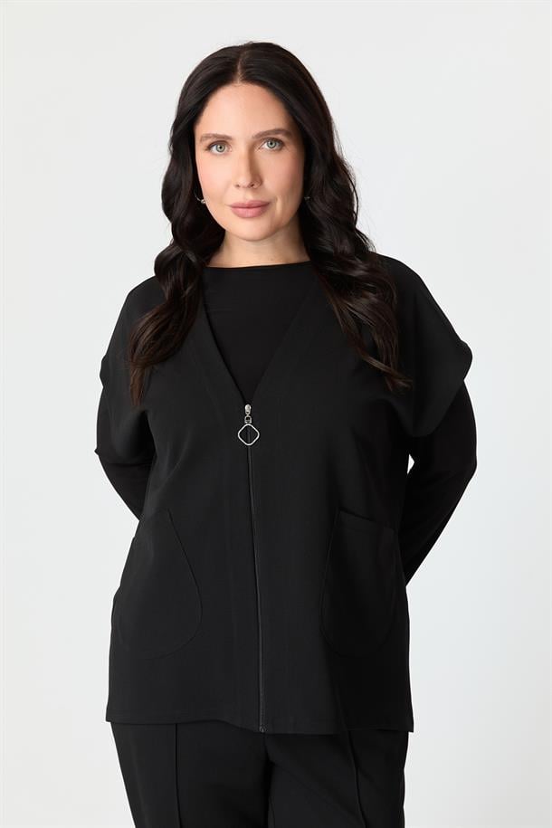 Büyük Beden Fermuar Detaylı Krep Yelek-SİYAH