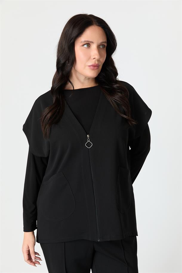 Büyük Beden Fermuar Detaylı Krep Yelek-SİYAH