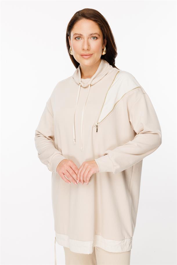 Büyük Beden Fermuar ve Ayarlanabilir İp Detaylı Tunik-BEJ