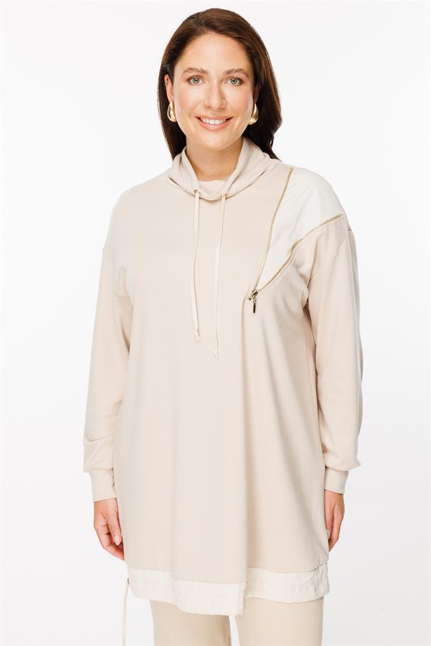 Büyük Beden Fermuar ve Ayarlanabilir İp Detaylı Tunik-BEJ
