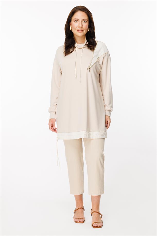 Büyük Beden Fermuar ve Ayarlanabilir İp Detaylı Tunik-BEJ
