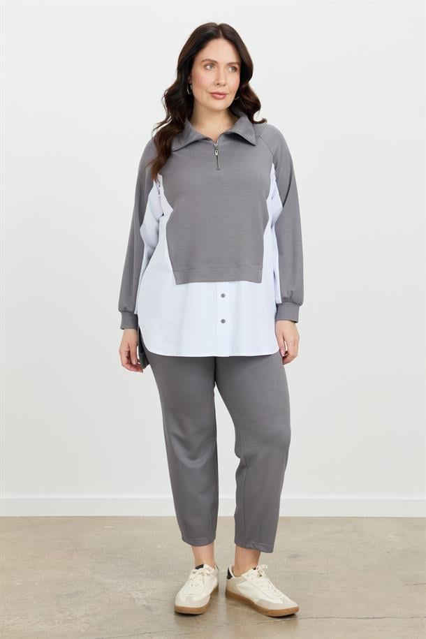 Büyük Beden Fermuar Yaka Sweatshirt-K.GRİ