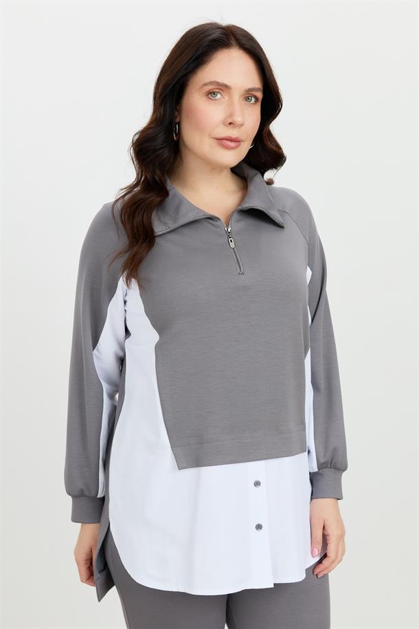 Büyük Beden Fermuar Yaka Sweatshirt-K.GRİ