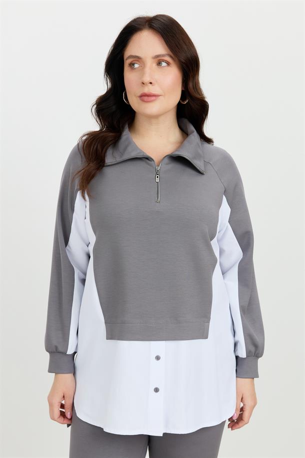 Büyük Beden Fermuar Yaka Sweatshirt-K.GRİ