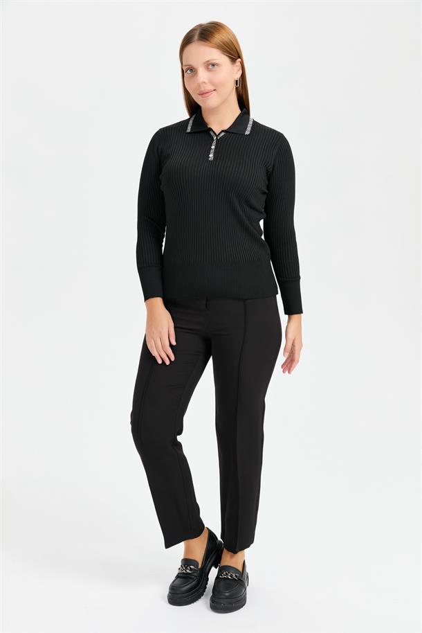 Büyük Beden Fitilli V Yaka Kazak-SİYAH