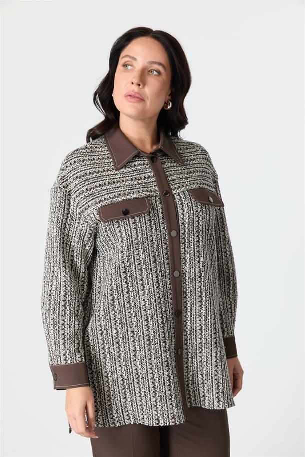 Büyük Beden Garnili Ceket Gömlek-KAHVE