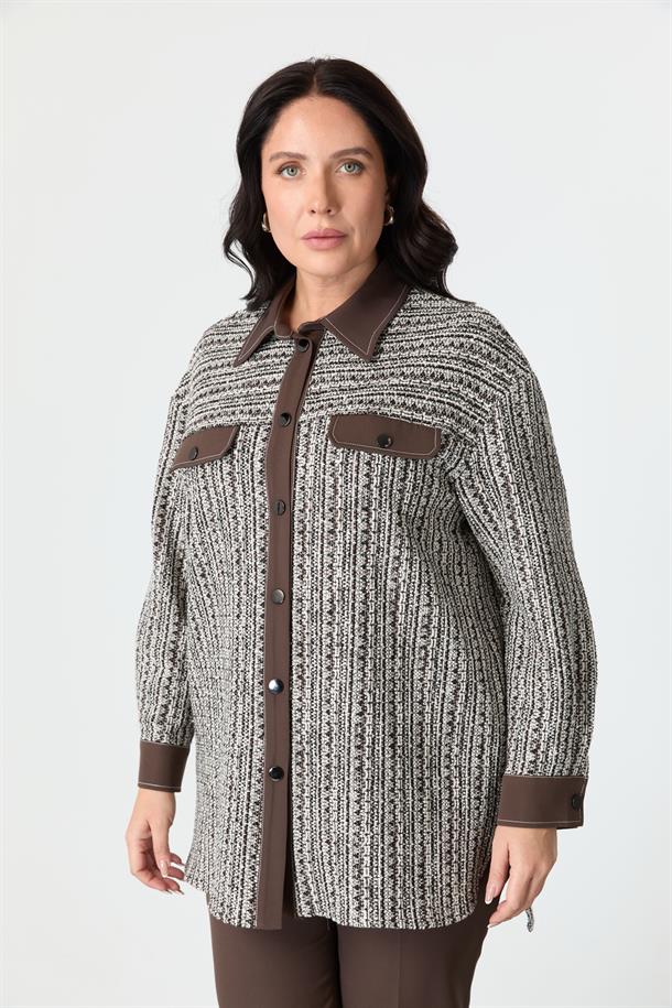 Büyük Beden Garnili Ceket Gömlek-KAHVE