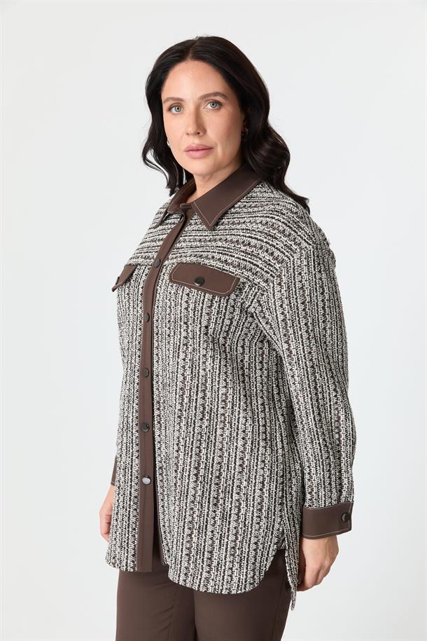 Büyük Beden Garnili Ceket Gömlek-KAHVE