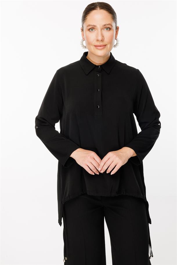 Büyük Beden Gömlek Yaka Ayarlanabilir İp Detaylı Bluz-SİYAH