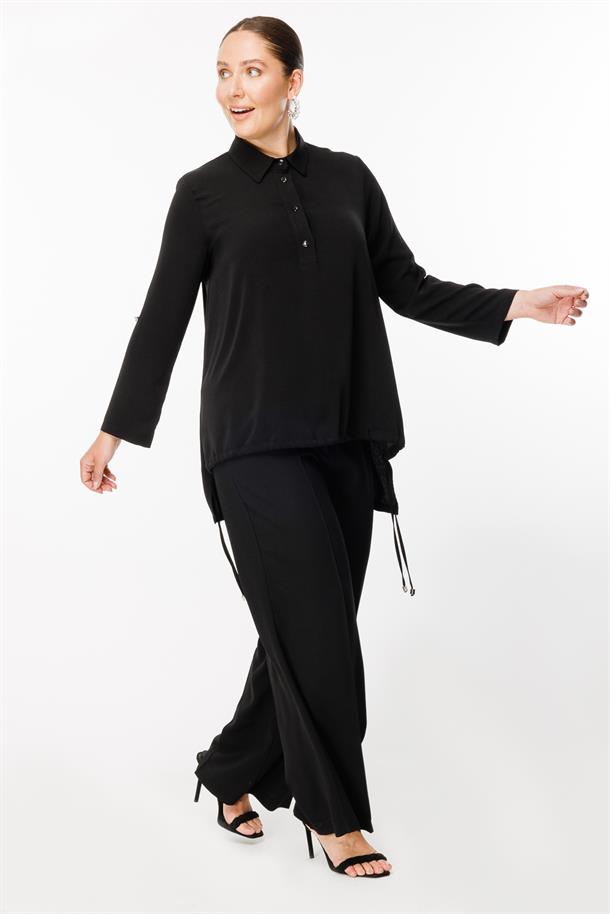 Büyük Beden Gömlek Yaka Ayarlanabilir İp Detaylı Bluz-SİYAH