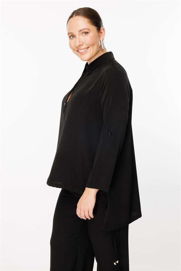 Büyük Beden Gömlek Yaka Ayarlanabilir İp Detaylı Bluz-SİYAH