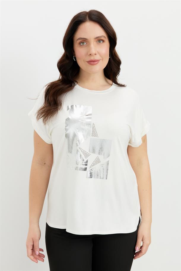 Büyük Beden Gümüş Baskı Bluz-KEMIK