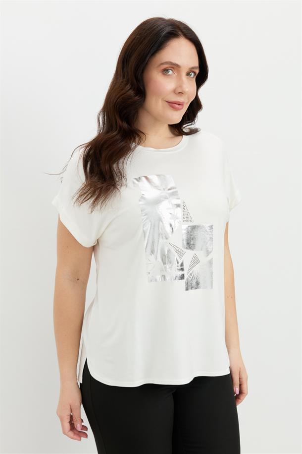 Büyük Beden Gümüş Baskı Bluz-KEMIK