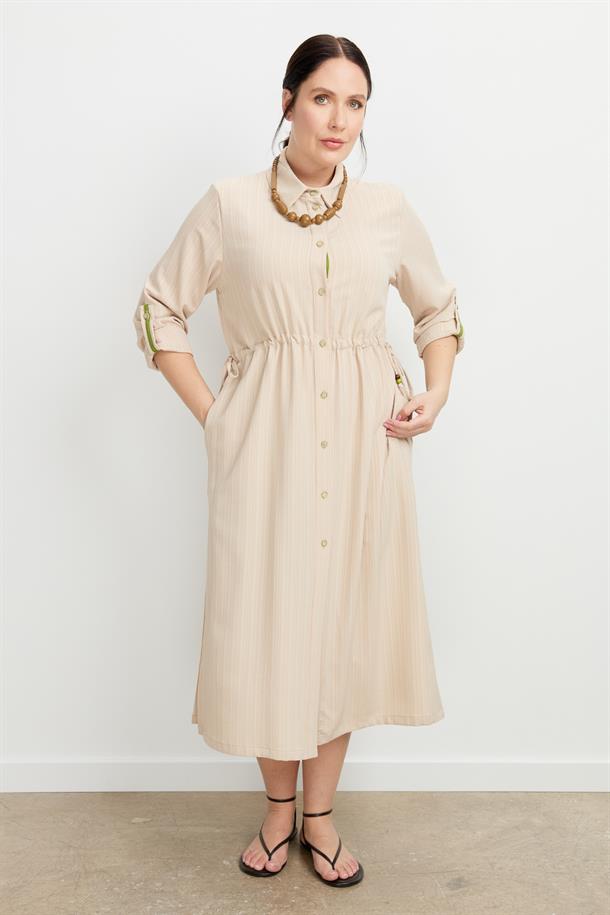 Büyük Beden İplikli Uzun Elbise-BEJ