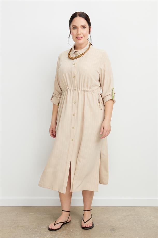 Büyük Beden İplikli Uzun Elbise-BEJ