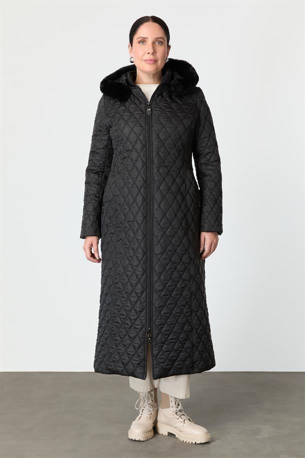 Büyük Beden Kapüşonlu Kapitone Kaban-SİYAH