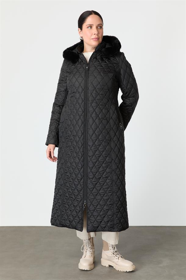 Büyük Beden Kapüşonlu Kapitone Kaban-SİYAH