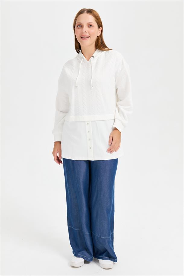 Büyük Beden Kapüşonlu Saç Örgü Tunik-KEMIK