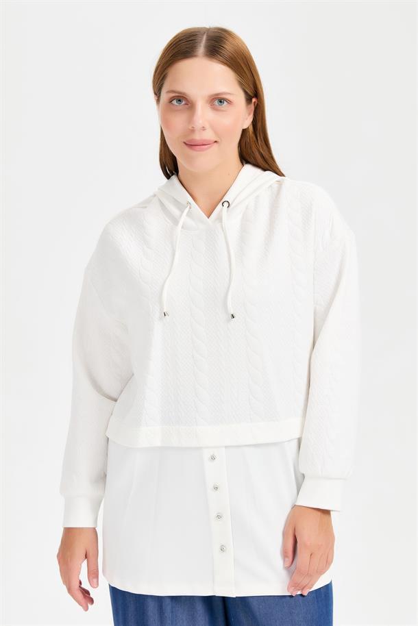 Büyük Beden Kapüşonlu Saç Örgü Tunik-KEMIK