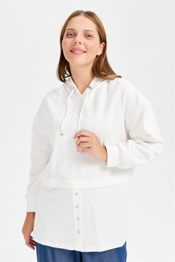 Büyük Beden Kapüşonlu Saç Örgü Tunik-KEMIK