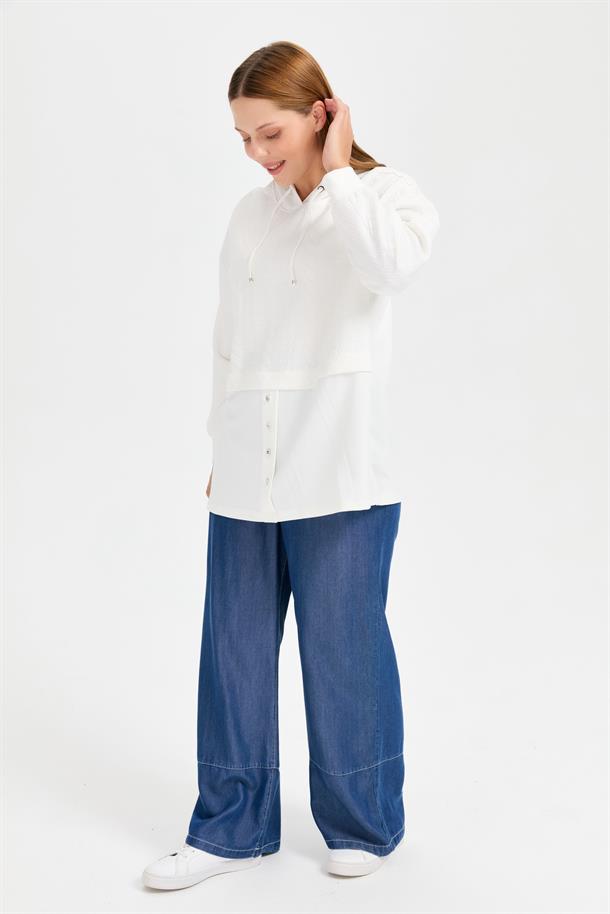 Büyük Beden Kapüşonlu Saç Örgü Tunik-KEMIK