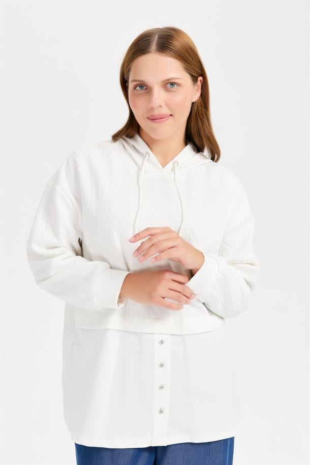 Büyük Beden Kapüşonlu Saç Örgü Tunik-KEMIK