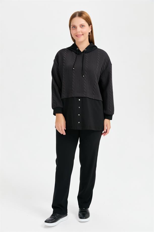 Büyük Beden Kapüşonlu Saç Örgü Tunik-SİYAH