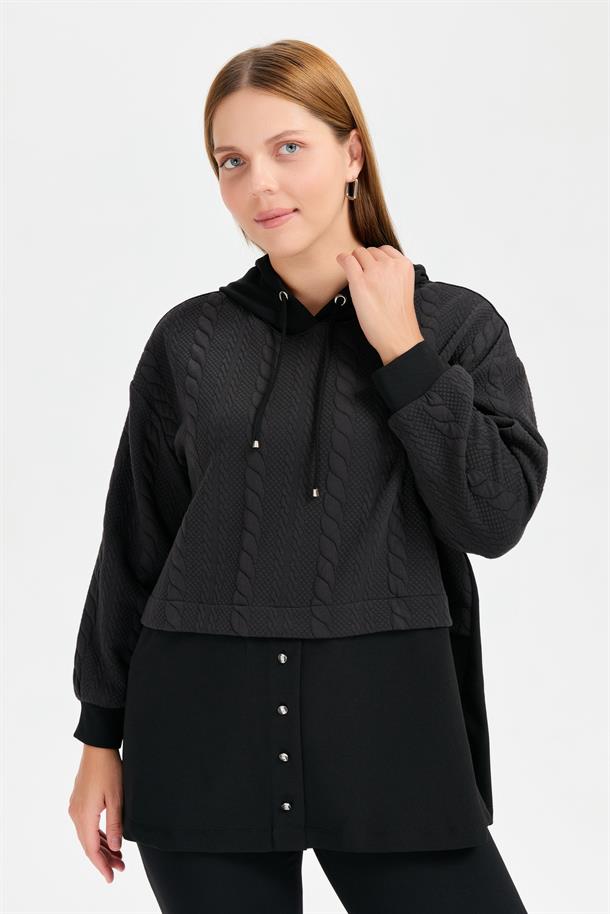 Büyük Beden Kapüşonlu Saç Örgü Tunik-SİYAH