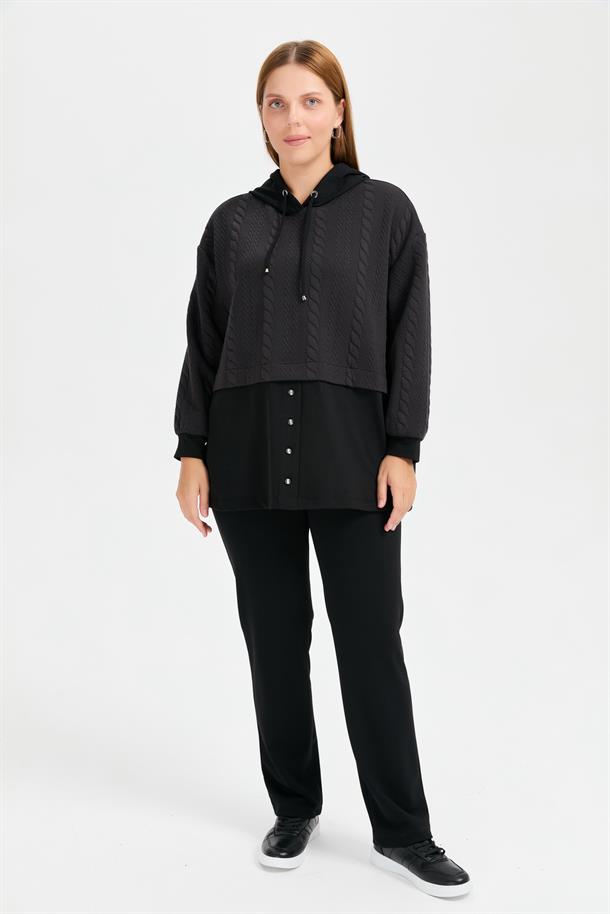 Büyük Beden Kapüşonlu Saç Örgü Tunik-SİYAH